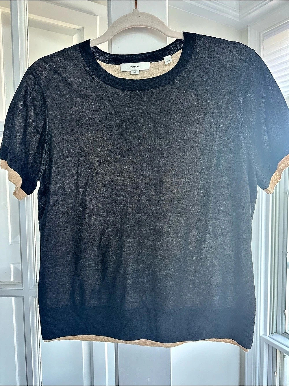 Vince Double Layer Raglan Short Sleeve Sweater Black & Beige size Large